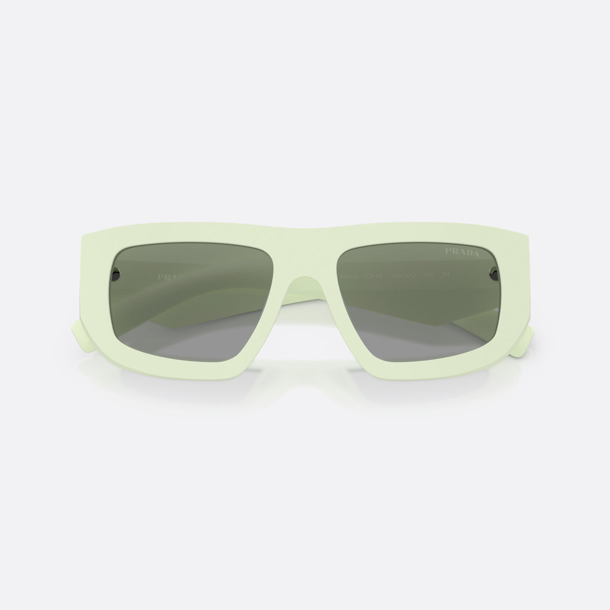 Prada PR D04SU 05K50Q sunglasses, green irregular frame for women, plain bridge, integrated into frame, brand logo on temple, folded