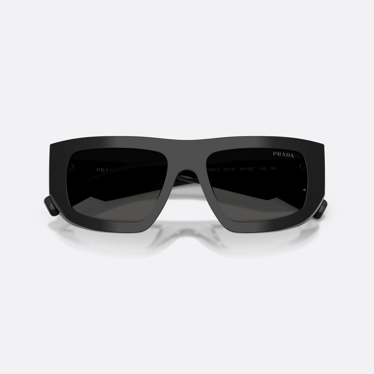 Prada PR D04SU 16K08Z sunglasses, black irregular frame for women, plain bridge, integrated into frame, full-rim thick frame, folded