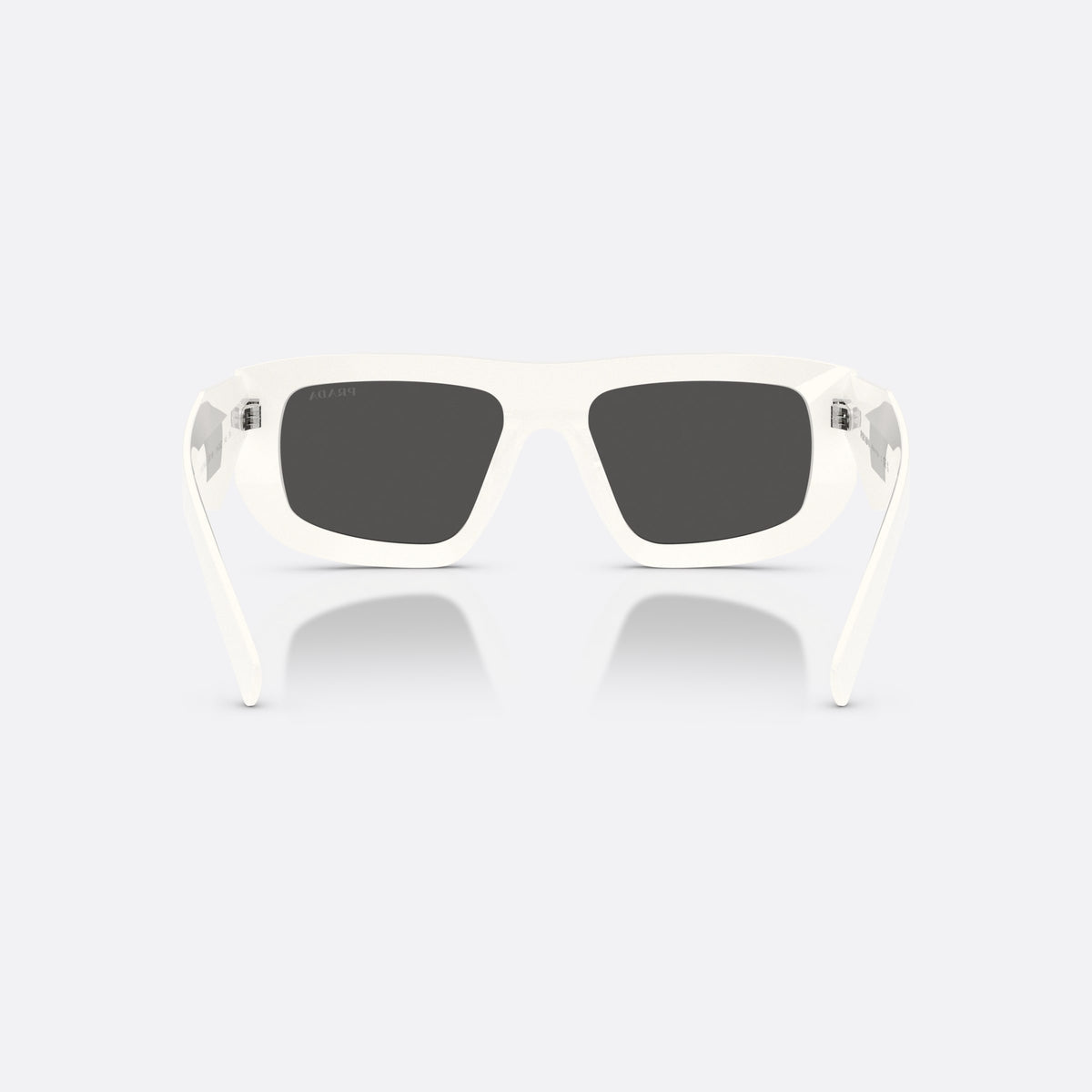 Prada PR D04SU 17K08Z sunglasses, white irregular frame for women, plain bridge, triangle plaque on temple, full rim frame, back view