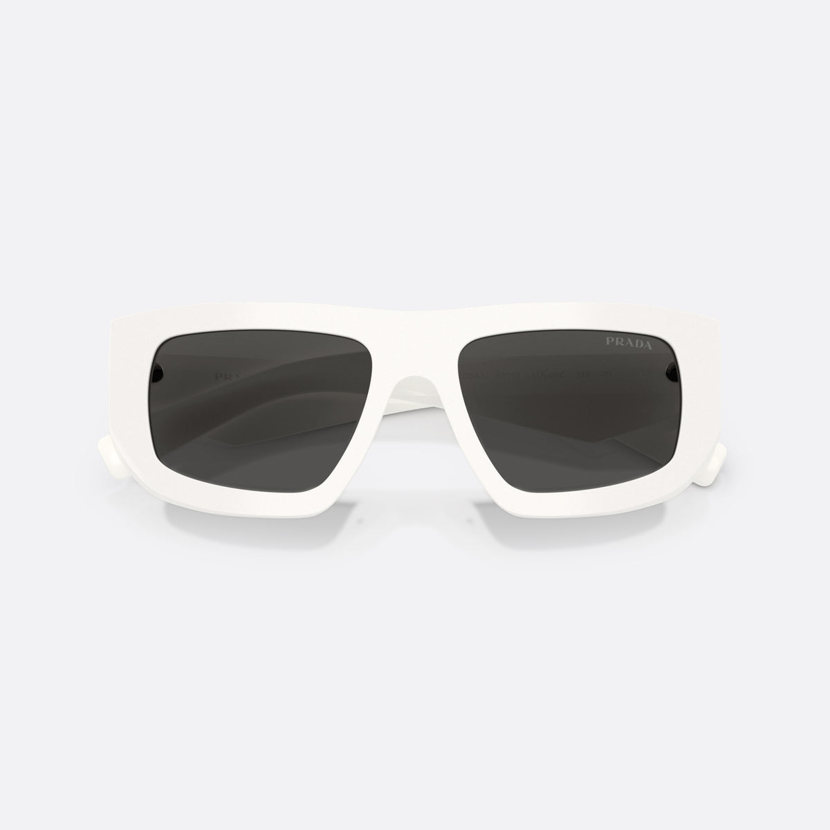 Prada PR D04SU 17K08Z sunglasses, white irregular frame for women, plain bridge, triangle plaque on temple, full rim frame, folded