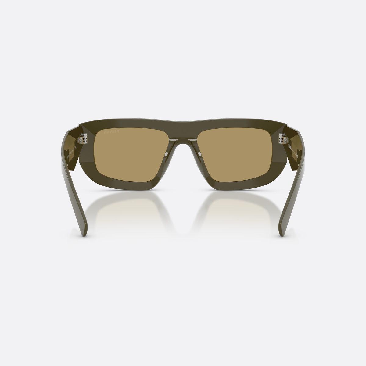 Prada PR D04SU 26J70G sunglasses, green irregular frame for women, plain integrated bridge, brand logo on temple, back view