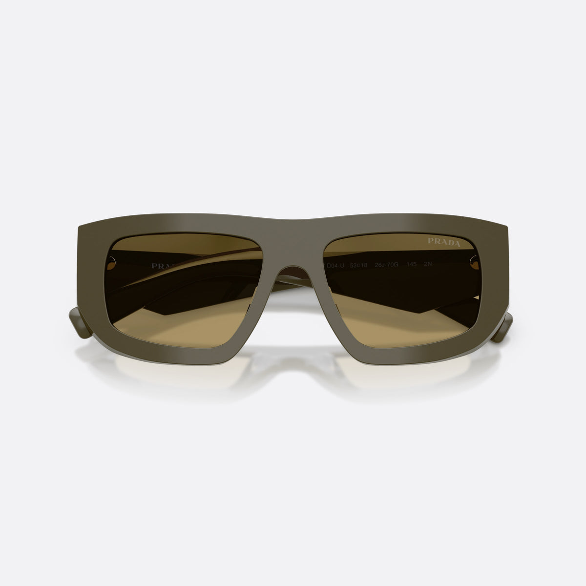 Prada PR D04SU 26J70G sunglasses, green irregular frame for women, plain integrated bridge, brand logo on temple, folded