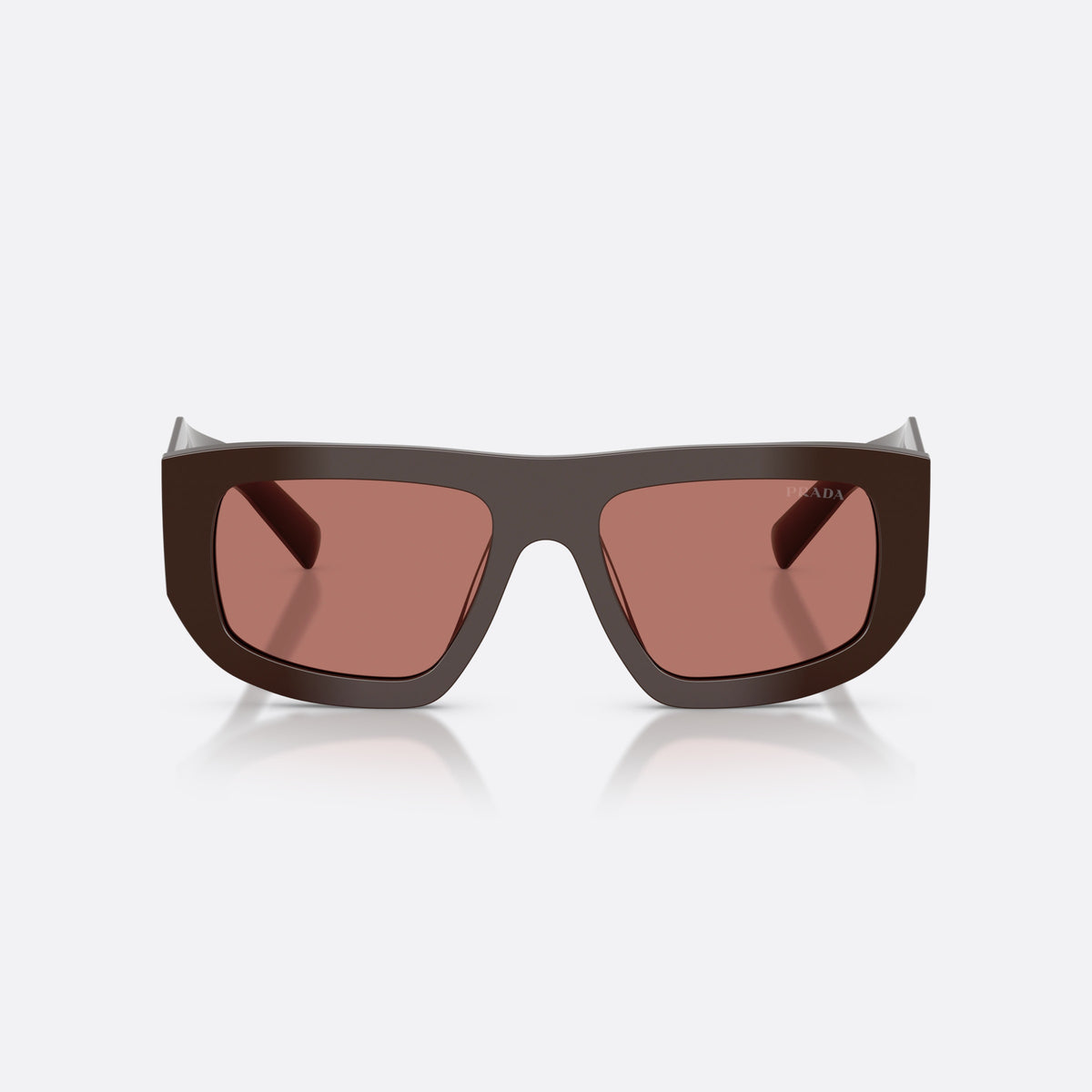 Prada PR D04SU 27I80W sunglasses, brown irregular frame for women, plain integrated bridge, brand lettering on temples, front view