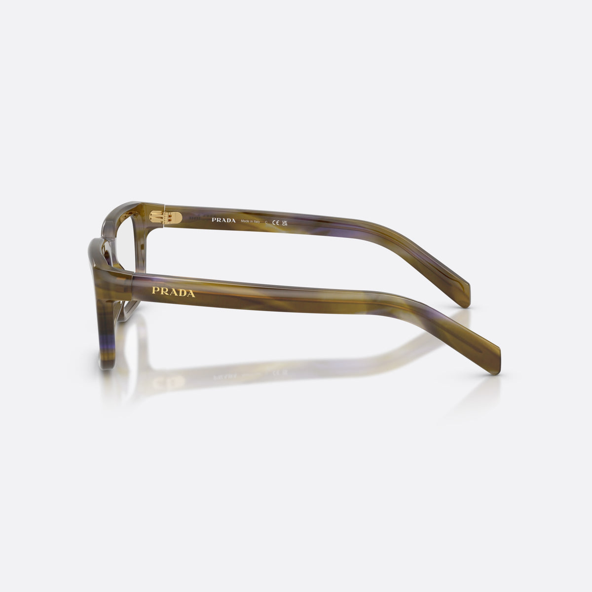 Prada PR D04V 23G1O1 eyeglasses, havana pillow frame for women, plain double bridge, brand lettering on temples, side view