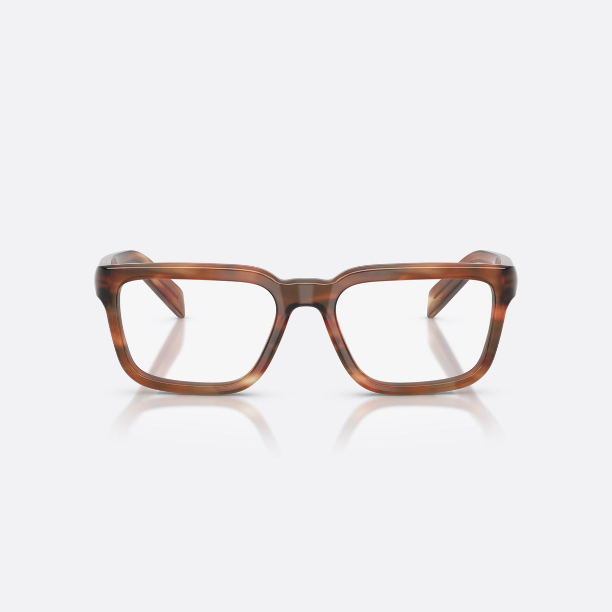Prada PR D04V 24G1O1 eyeglasses, havana pillow frame for women, plain bridge, brand lettering on temples, flat temples, front view