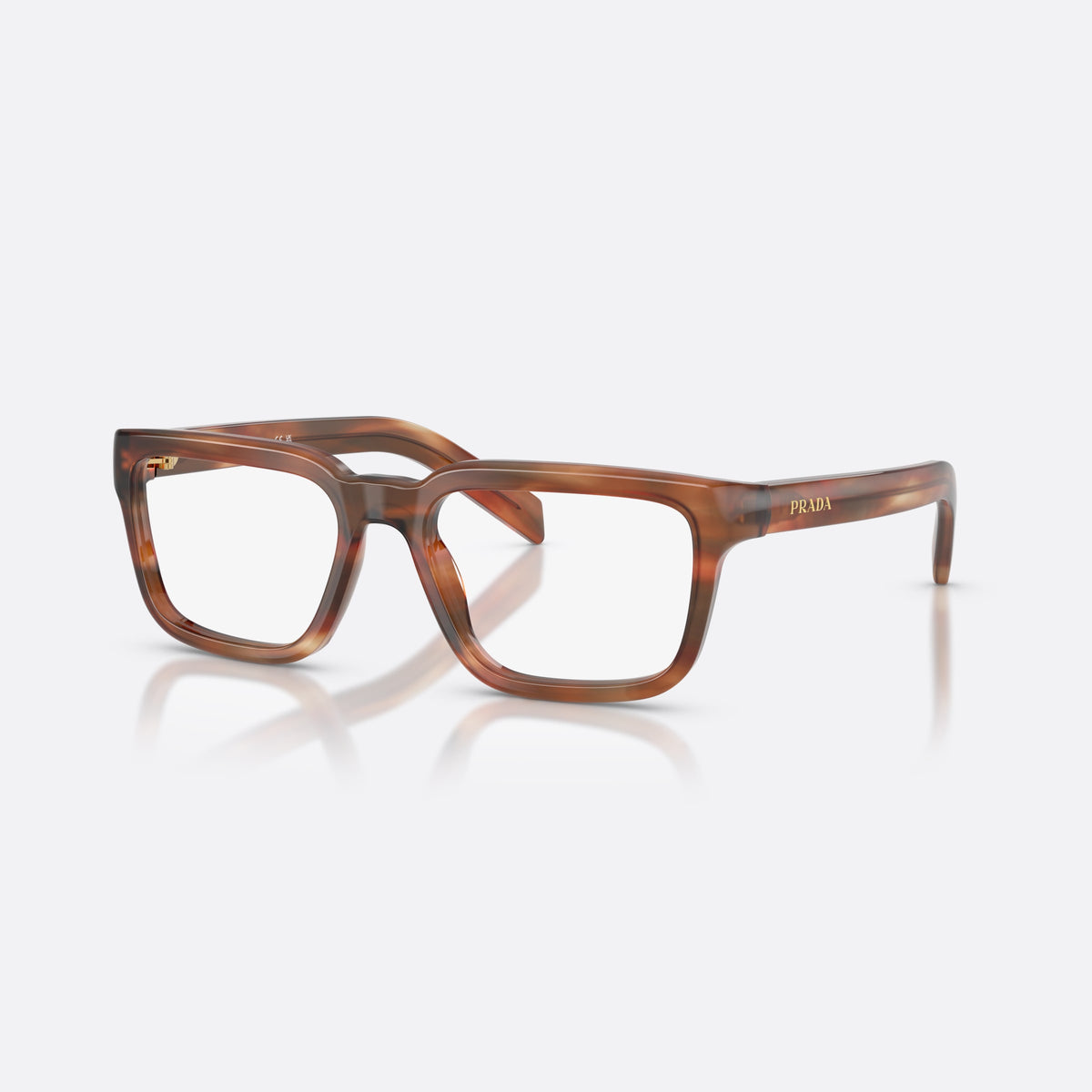 Prada PR D04V 24G1O1 eyeglasses, havana pillow frame for women, plain bridge, brand lettering on temple, flat temples