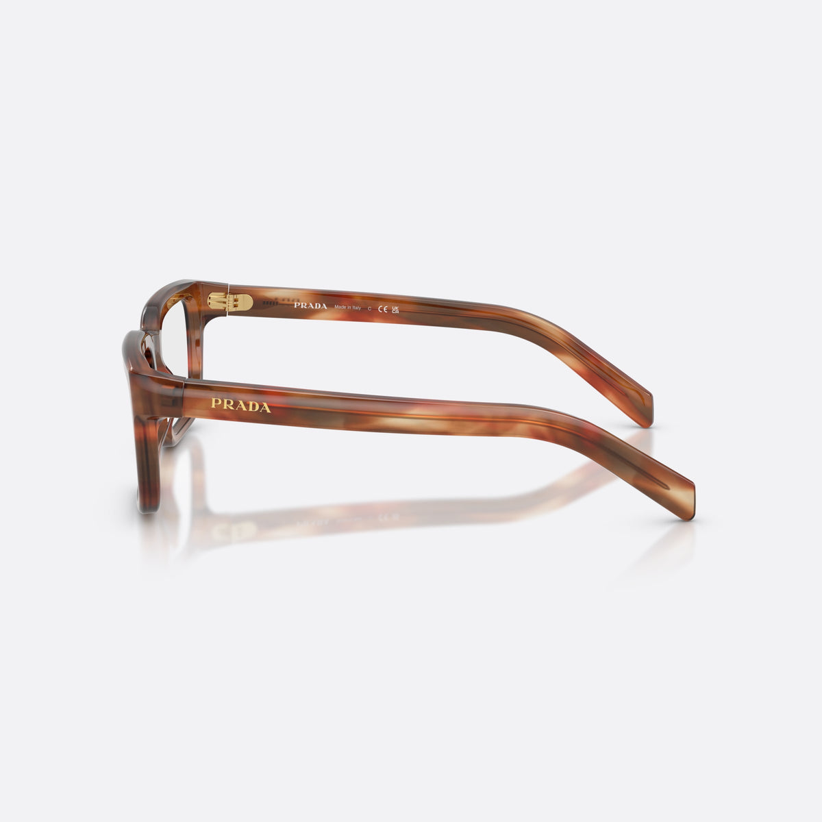 Prada PR D04V 24G1O1 eyeglasses, havana pillow frame for women, plain bridge, brand lettering on temple, flat temples, side view