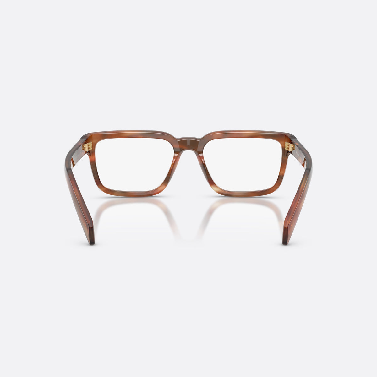 Prada PR D04V 24G1O1 eyeglasses, havana pillow frame for women, plain bridge, brand lettering on temple, flat temples, back view