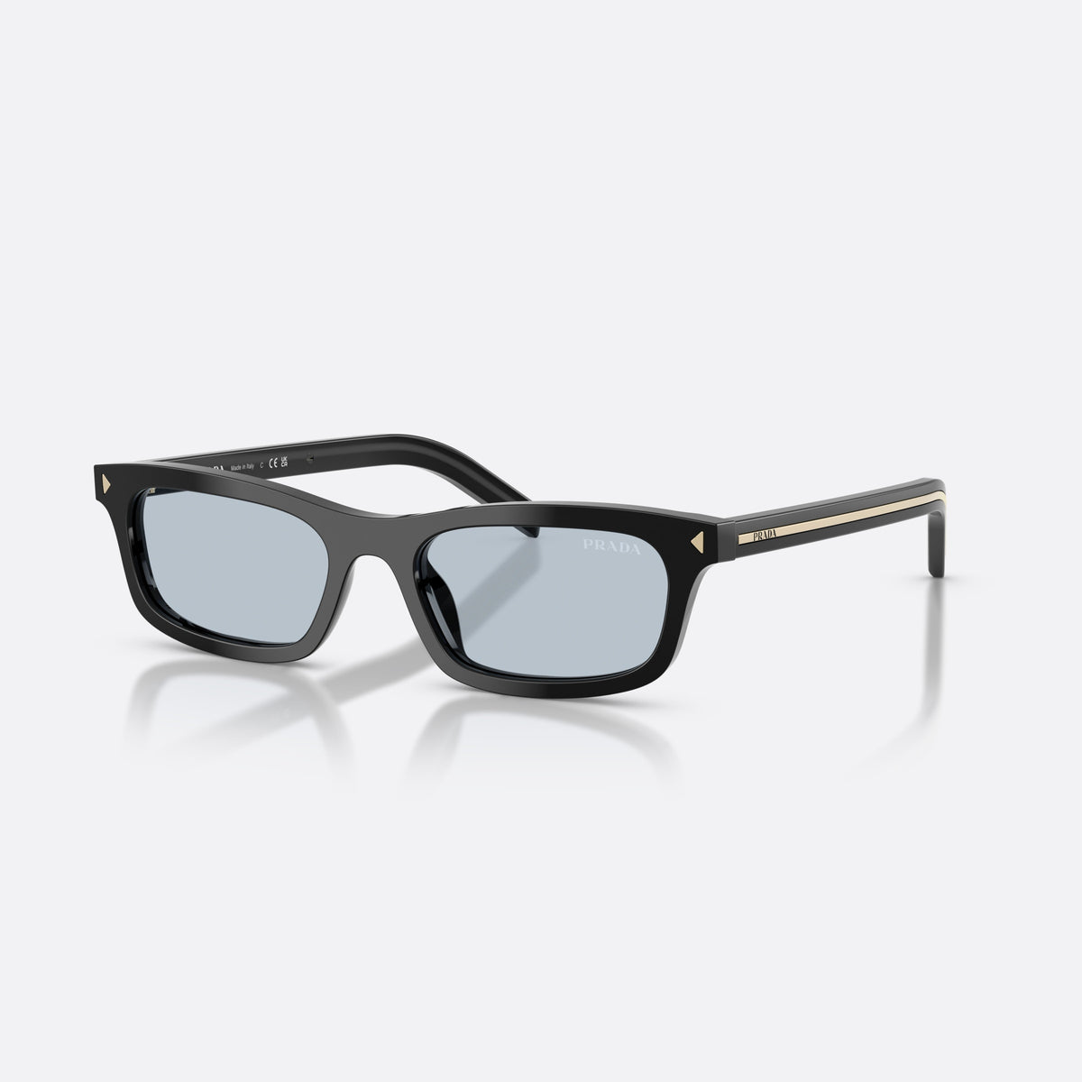 Prada PR D05S 16K30W sunglasses, black pillow frame for women, plain bridge, brand lettering on temples, full rim