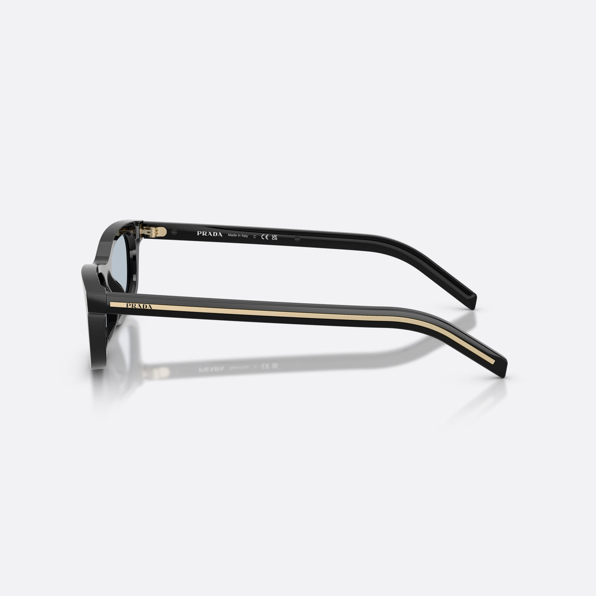 Prada PR D05S 16K30W sunglasses, black pillow frame for women, plain bridge, brand lettering on temples, full rim, side view