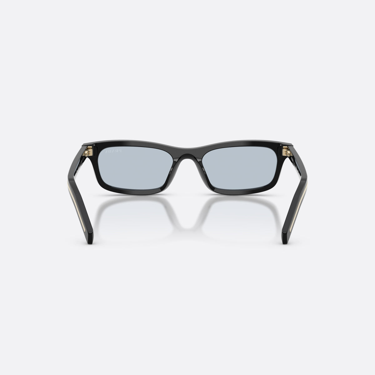 Prada PR D05S 16K30W sunglasses, black pillow frame for women, plain bridge, brand lettering on temples, full rim, back view