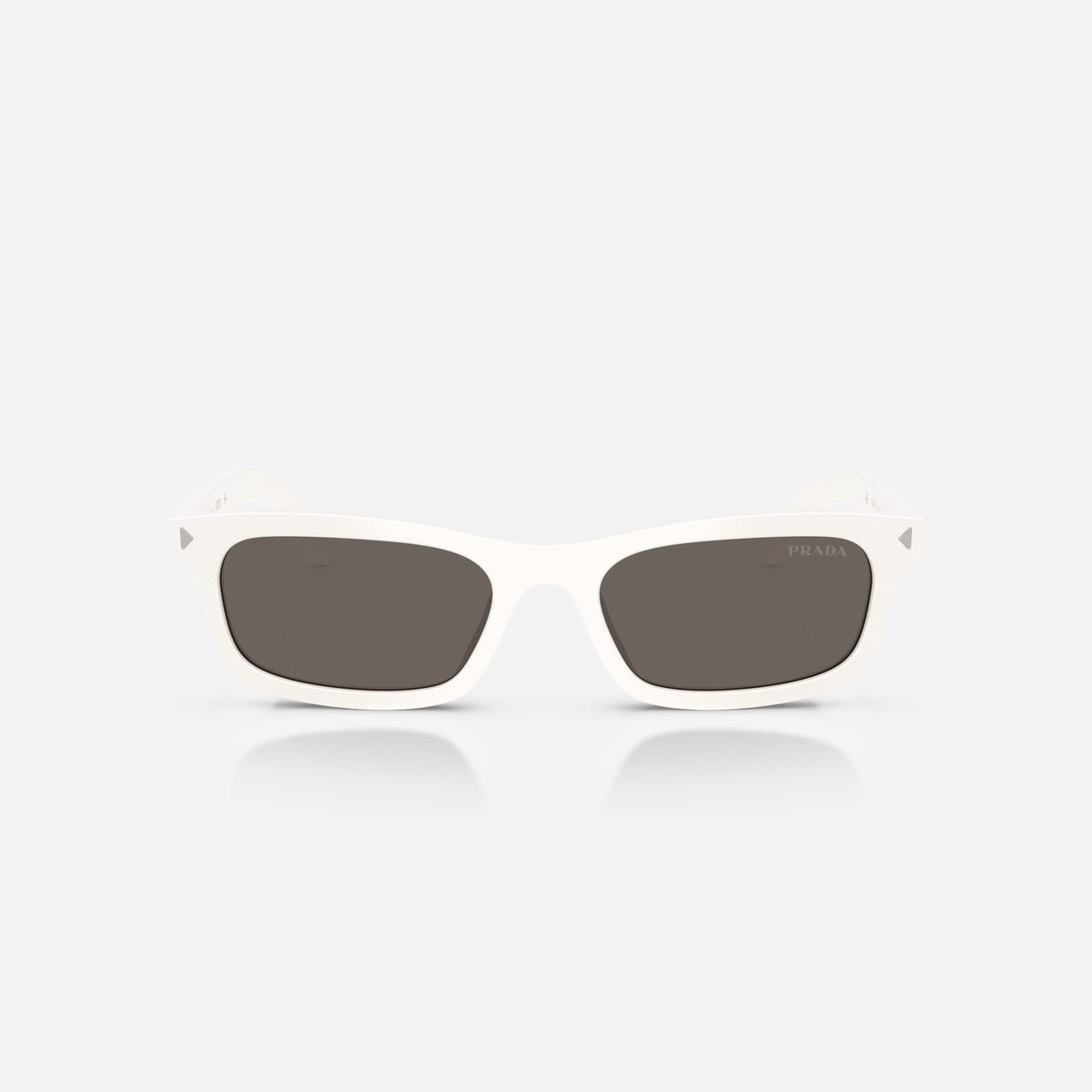 Prada PR D05S 17K731 sunglasses, white pillow frame for women, plain bridge, integrated design, brand lettering on temple, front view