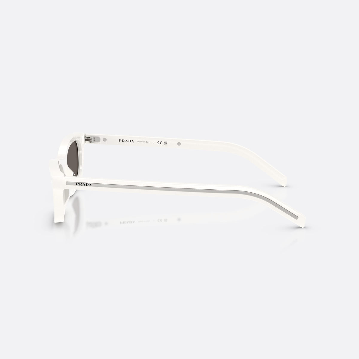 Prada PR D05S 17K731 sunglasses, white pillow frame for women, plain bridge, integrated design, brand lettering on temple, side view