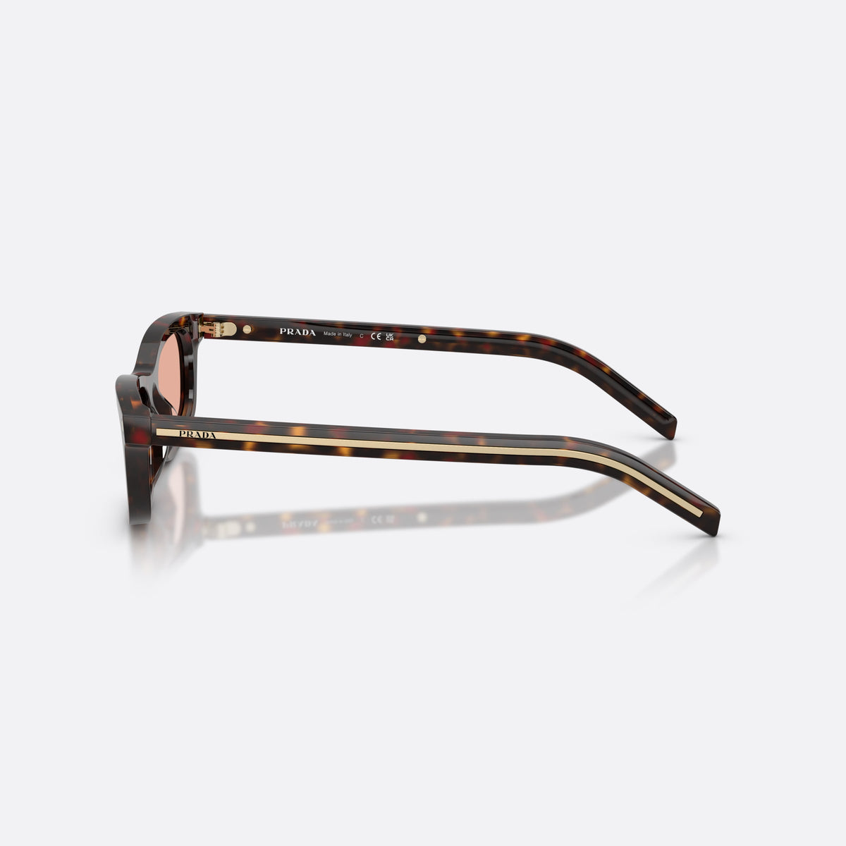 Prada PR D05S 17N50W sunglasses, havana pillow frame for women, plain bridge, integrated into front, full-rim frame, side view