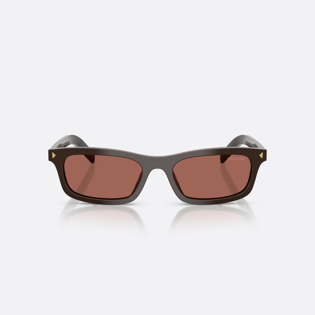 Prada PR D05S 27I20W sunglasses, brown pillow frame for women, plain integrated bridge, brand lettering on temples, front view