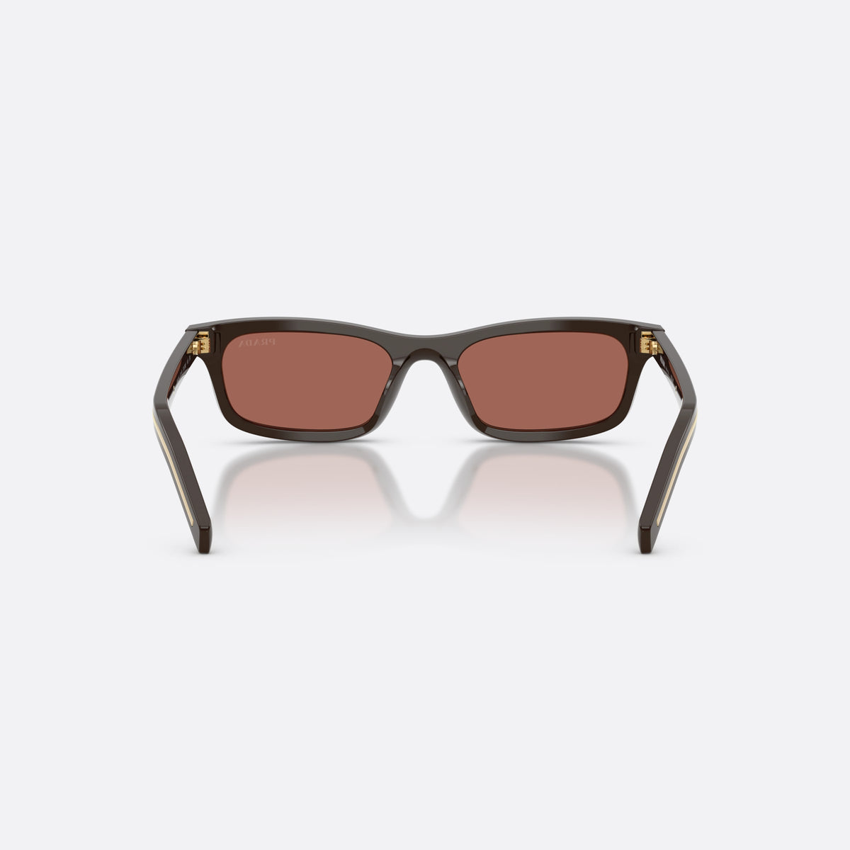 Prada PR D05S 27I20W sunglasses, brown pillow frame for women, plain integrated bridge, brand lettering on temples, back view