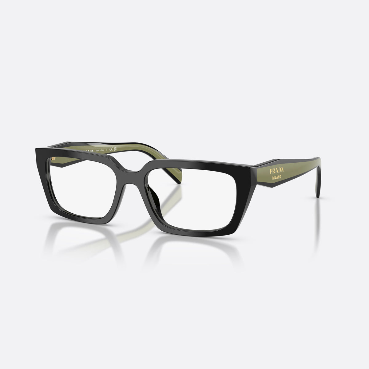 Prada PR D05V 03K1O1 eyeglasses, black rectangle frame for women, plain saddle style bridge, brand lettering on temples