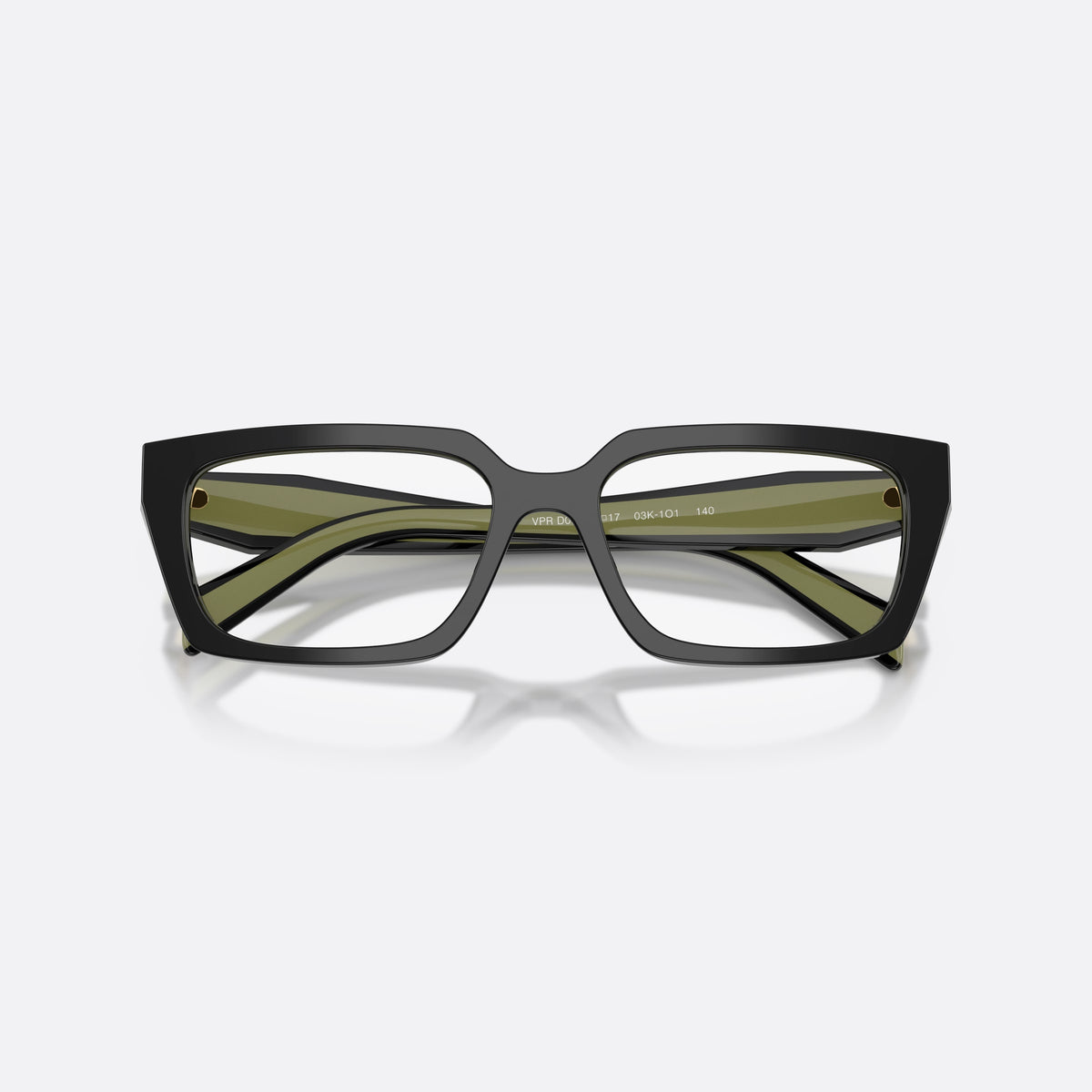 Prada PR D05V 03K1O1 eyeglasses, black rectangle frame for women, plain saddle style bridge, brand lettering on temples, folded