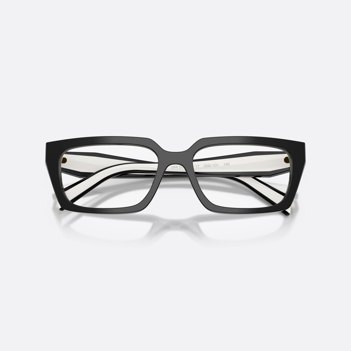 Prada PR D05V 20G1O1 eyeglasses, black rectangle frame for women, plain double bridge, brand lettering on temples, folded