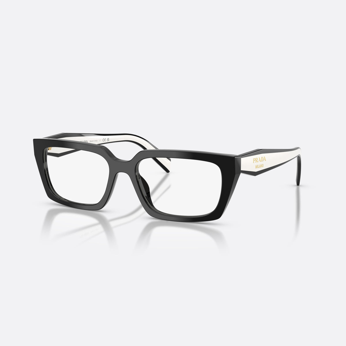Prada PR D05V 20G1O1 eyeglasses, black rectangle frame for women, plain double-arch bridge, brand lettering on the temples
