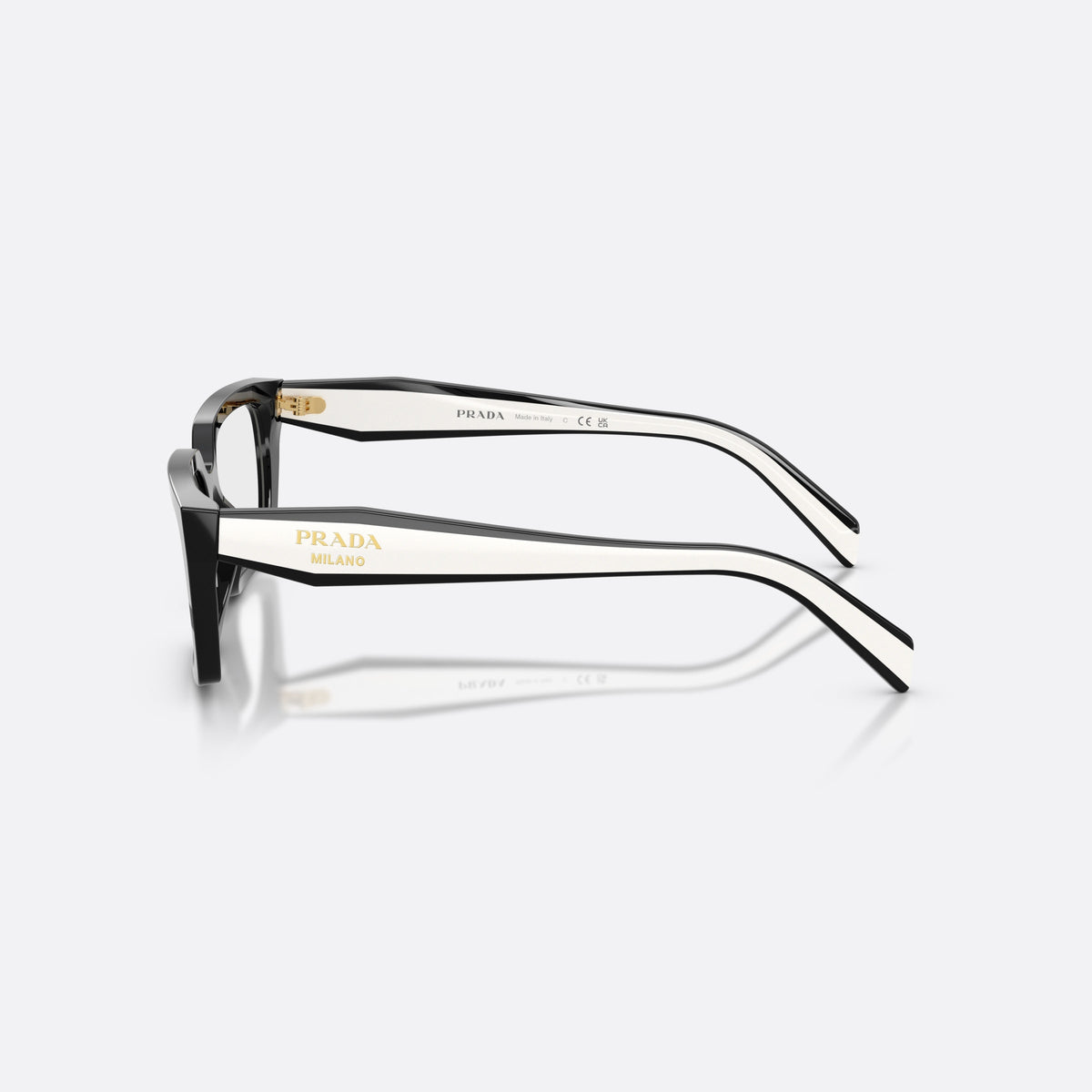 Prada PR D05V 20G1O1 eyeglasses, black rectangle frame for women, plain double-arch bridge, brand lettering on the temples, side view