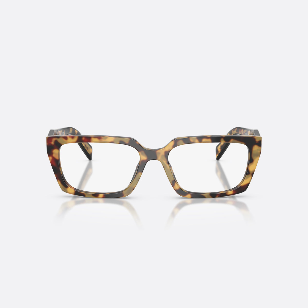 Prada PR D05V 24L1O1 eyeglasses, havana rectangle frame for women, saddle bridge with thick acetate, brand lettering on temples, front view