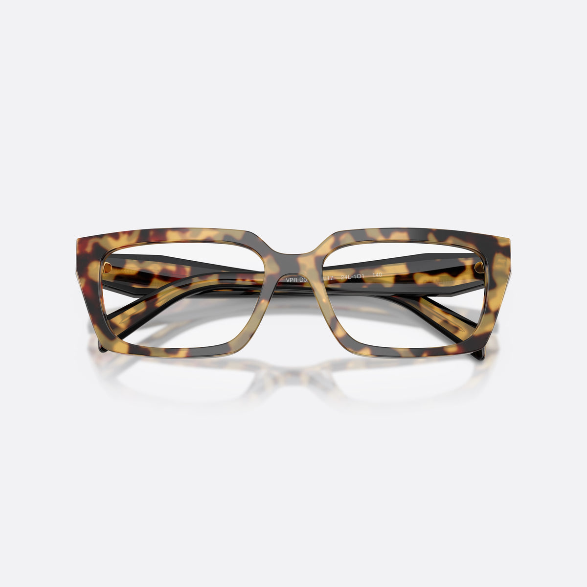 Prada PR D05V 24L1O1 eyeglasses, havana rectangle frame for women, saddle bridge with thick acetate, brand lettering on temples, folded