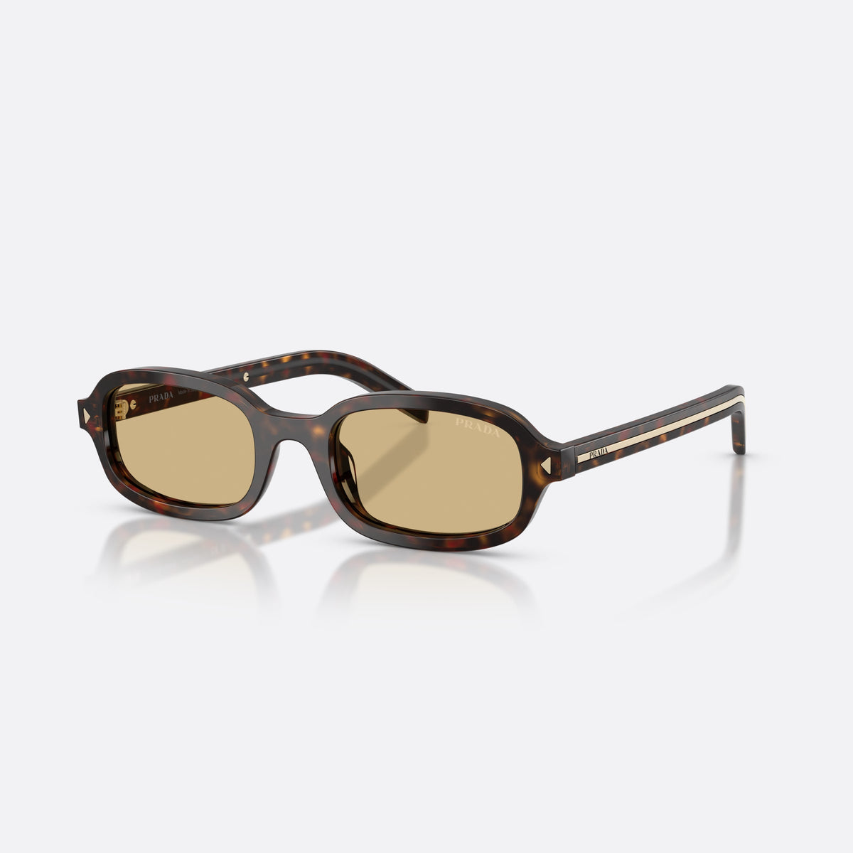 Ochelari de soare Prada PR D06S 17N70R, ovali havana, pentru femei, punte simplă joasă, literele brandului pe brațe