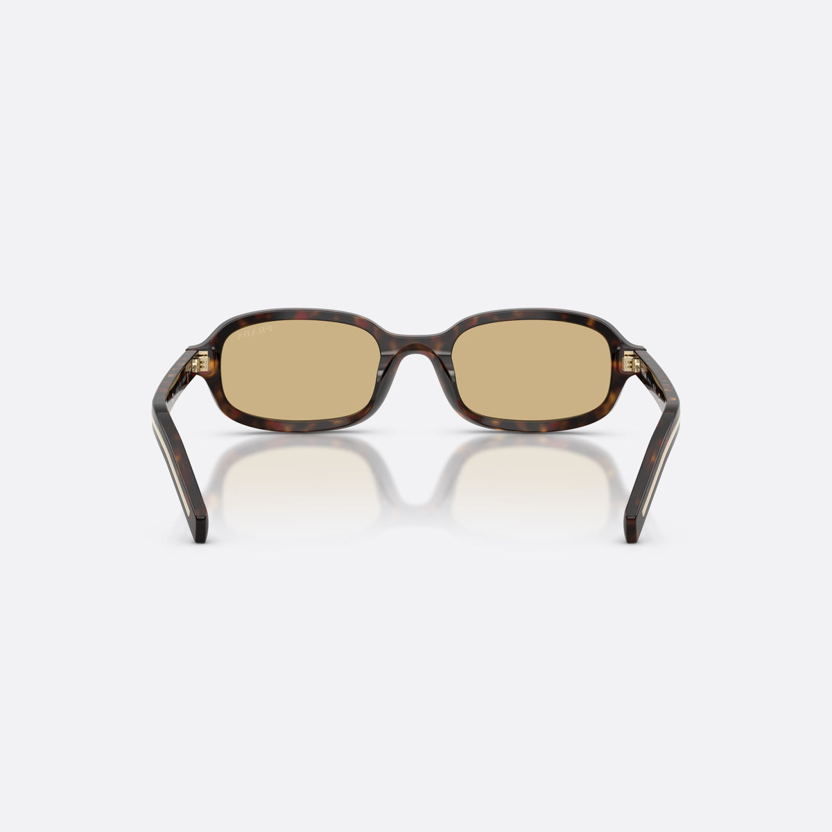 Ochelari de soare Prada PR D06S 17N70R, ovali havana, pentru femei, punte simplă joasă, literele brandului pe brațe, vedere din spate