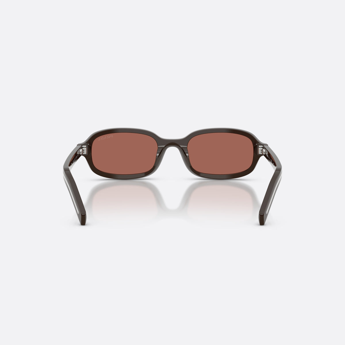 Prada PR D06S 27I20W sunglasses, brown oval frame for women, plain bridge, brand logo on temple, full-rim frame, back view