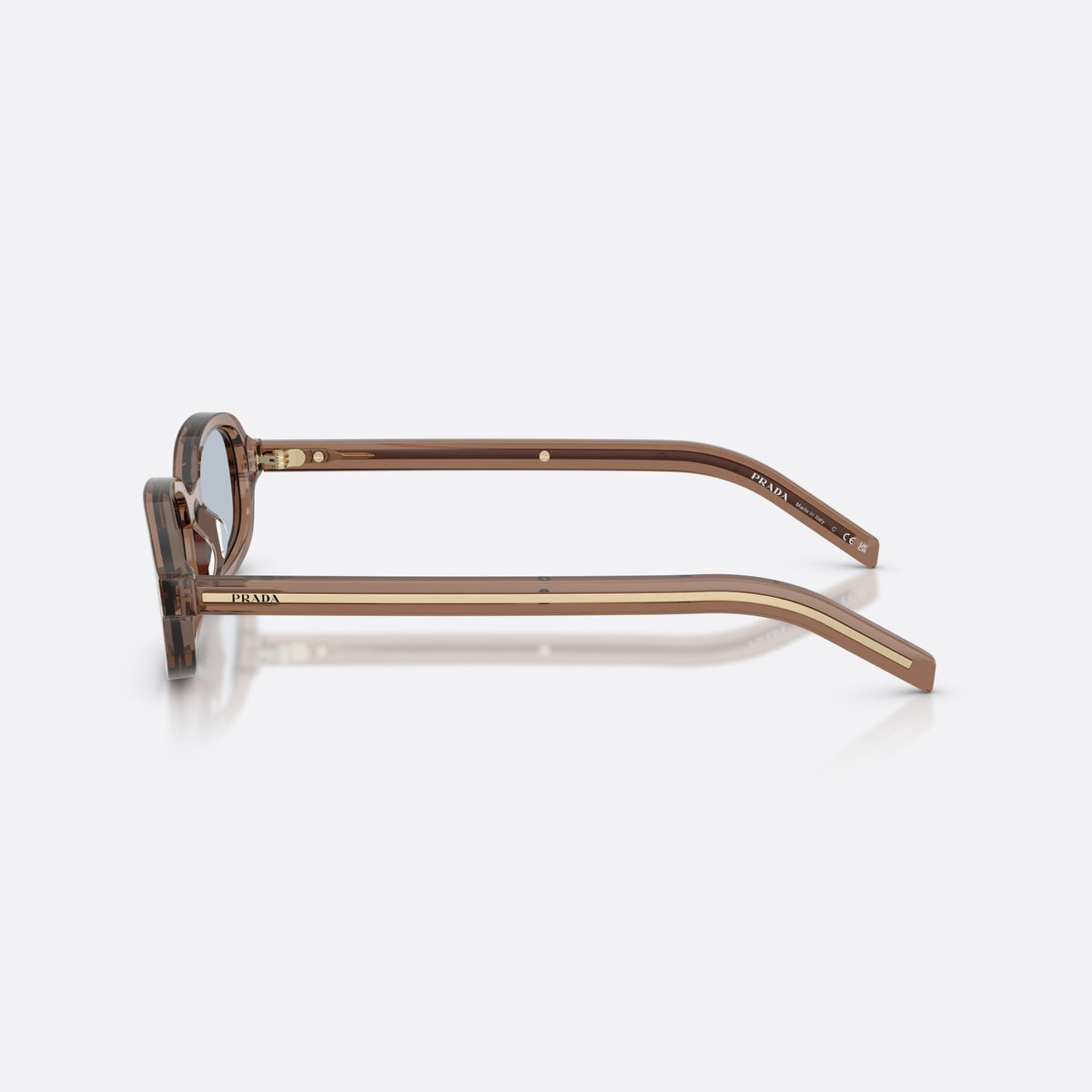 Prada PR D06S 28I30W sunglasses, clear oval frame for women, plain bridge, brand lettering on temples, full-rim frame, side view
