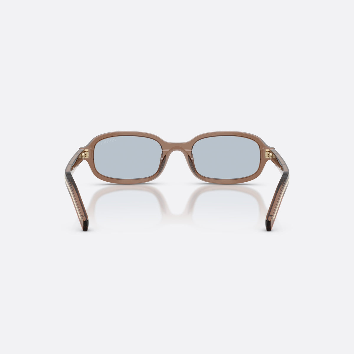 Prada PR D06S 28I30W sunglasses, clear oval frame for women, plain bridge, brand lettering on temples, full-rim frame, back view