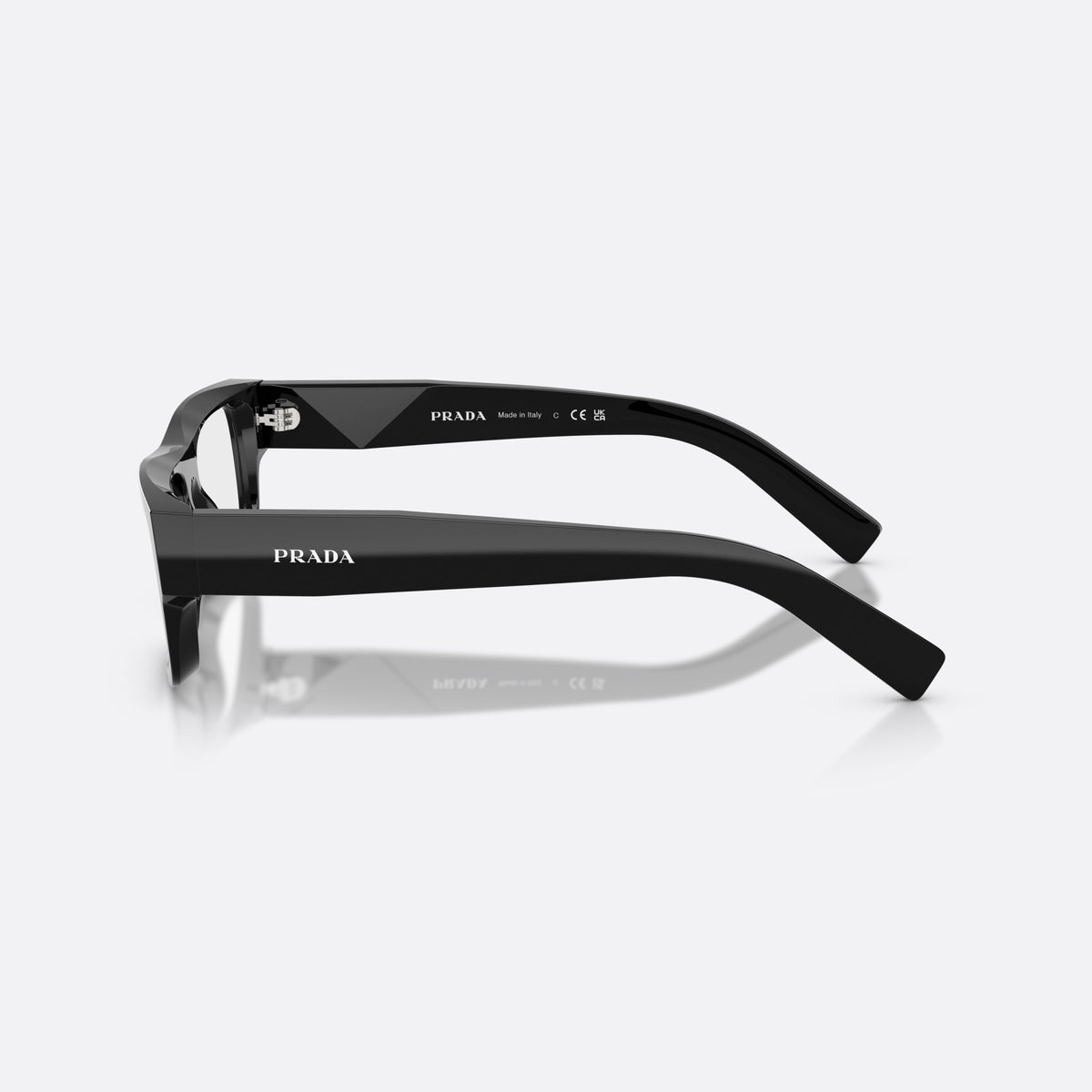 Prada PR D06V 16K1O1 eyeglasses, black rectangle frame for men, plain saddle style bridge, brand lettering on temples, side view