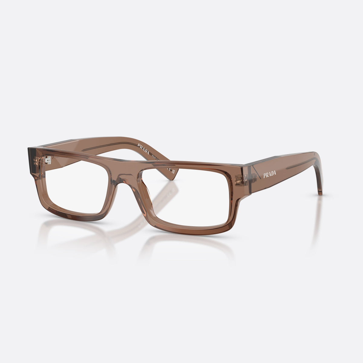 Prada PR D06V 28I1O1 eyeglasses, brown rectangle frame for men, plain saddle bridge, brand lettering on temples