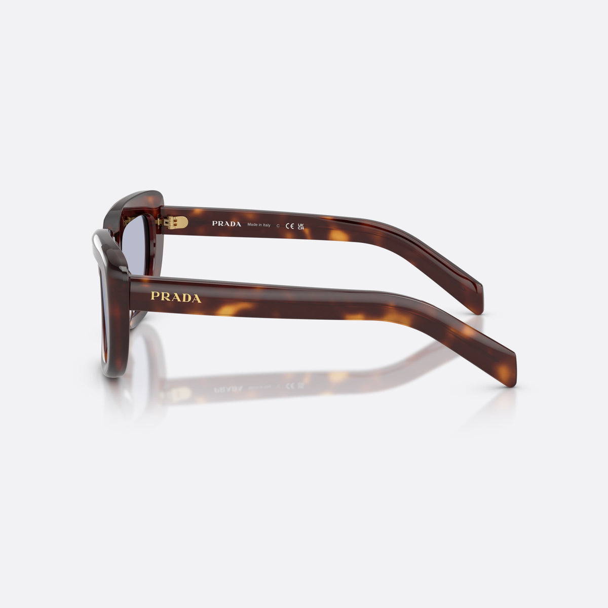 Prada PR D07S 15W30X sunglasses, havana rectangle frame for women, plain double bridge, brand lettering on temples, side view