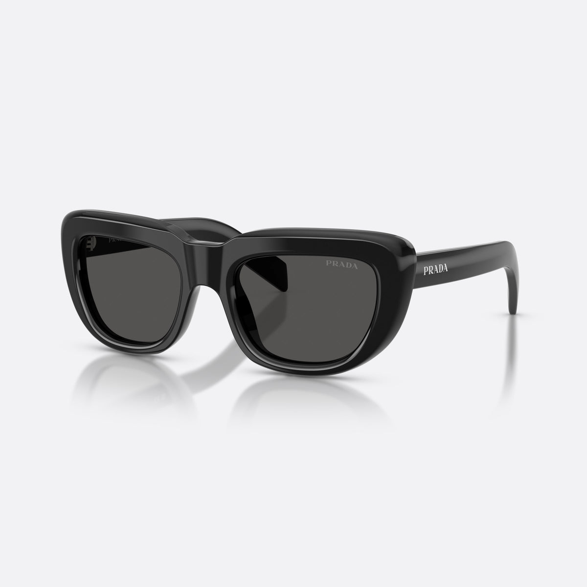 Prada PR D07S 16K08Z sunglasses, black rectangle frame for women, plain bridge, integrated into frame, wide tapered temples