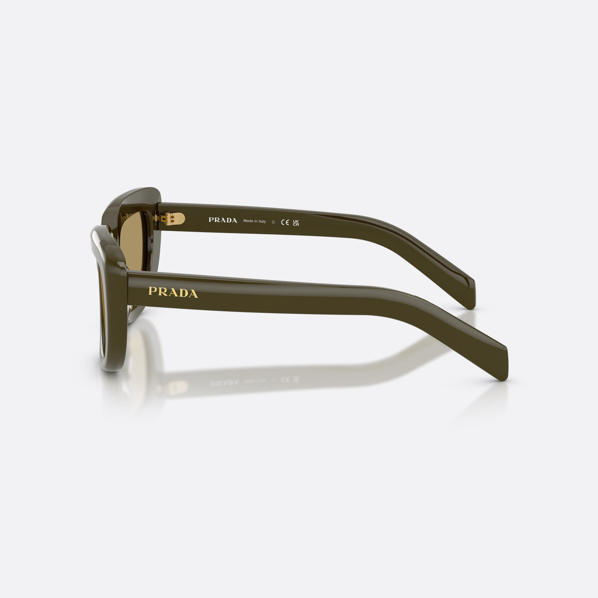 Prada PR D07S 26J70G sunglasses, green rectangle frame for women, plain bridge, brand lettering on temples, full-rim frame, side view
