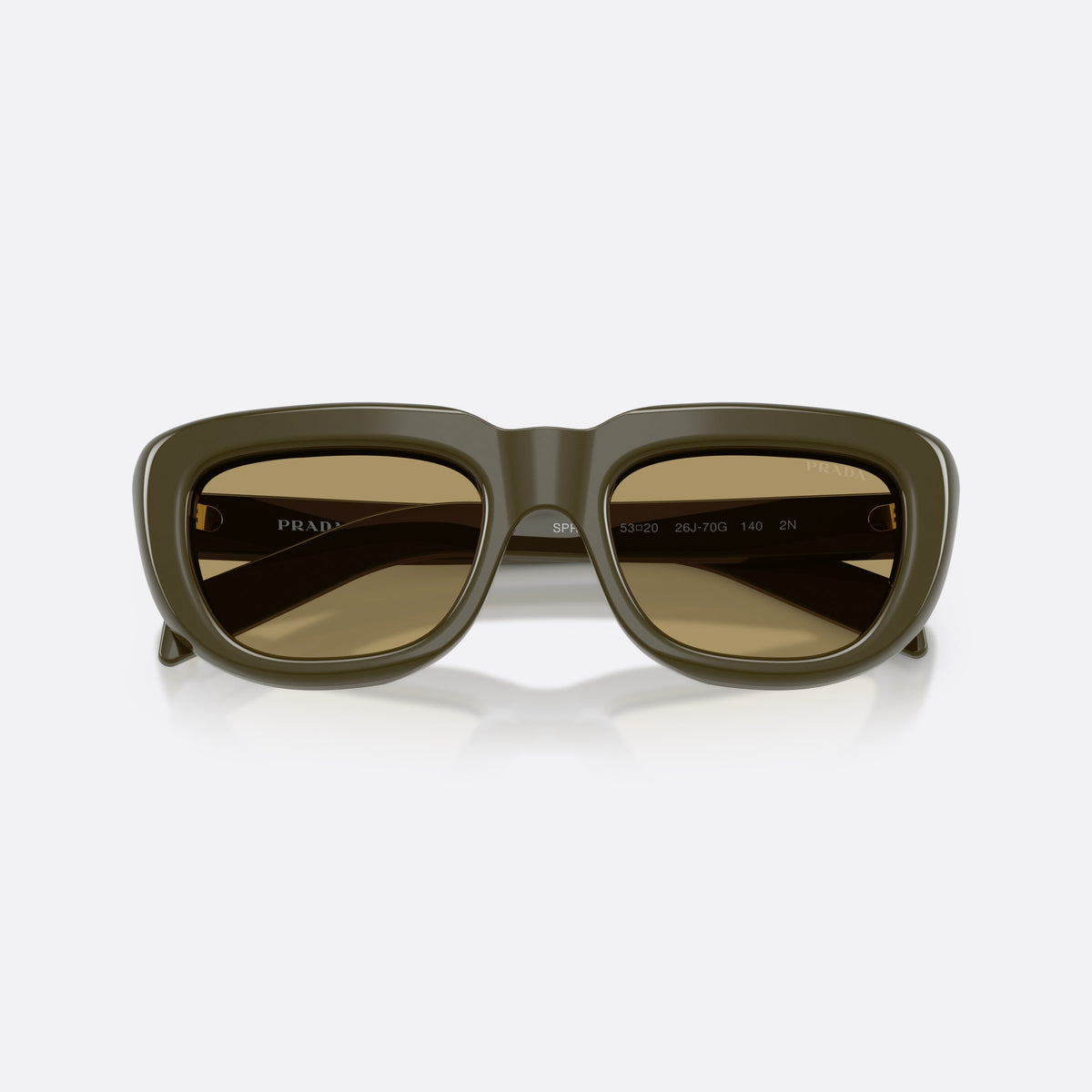 Prada PR D07S 26J70G sunglasses, green rectangle frame for women, plain bridge, brand lettering on temples, full-rim frame, folded