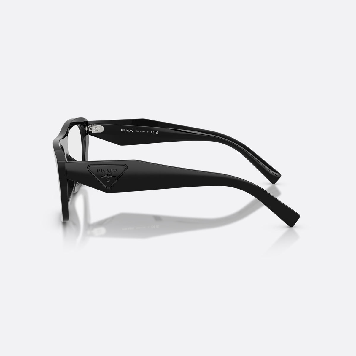 Prada PR D07VU 16K1O1 eyeglasses, black rectangle frame for women, plain double-width bridge, brand logo on temple, side view