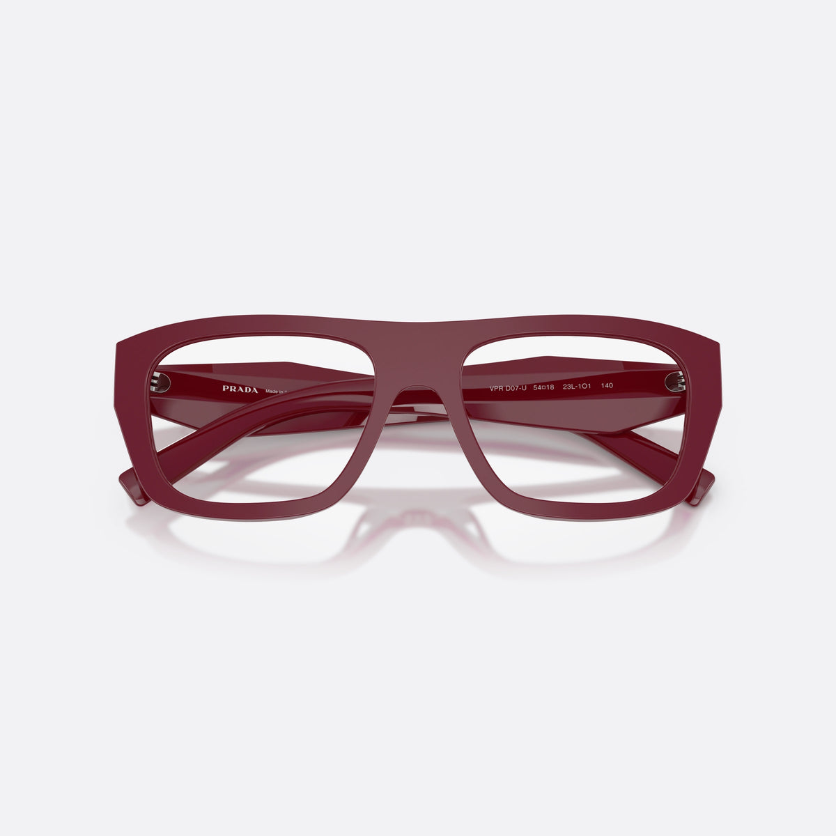 Prada PR D07VU 23L1O1 eyeglasses, brown rectangle frame for women, plain integrated bridge, brand logo plaque on temple, folded