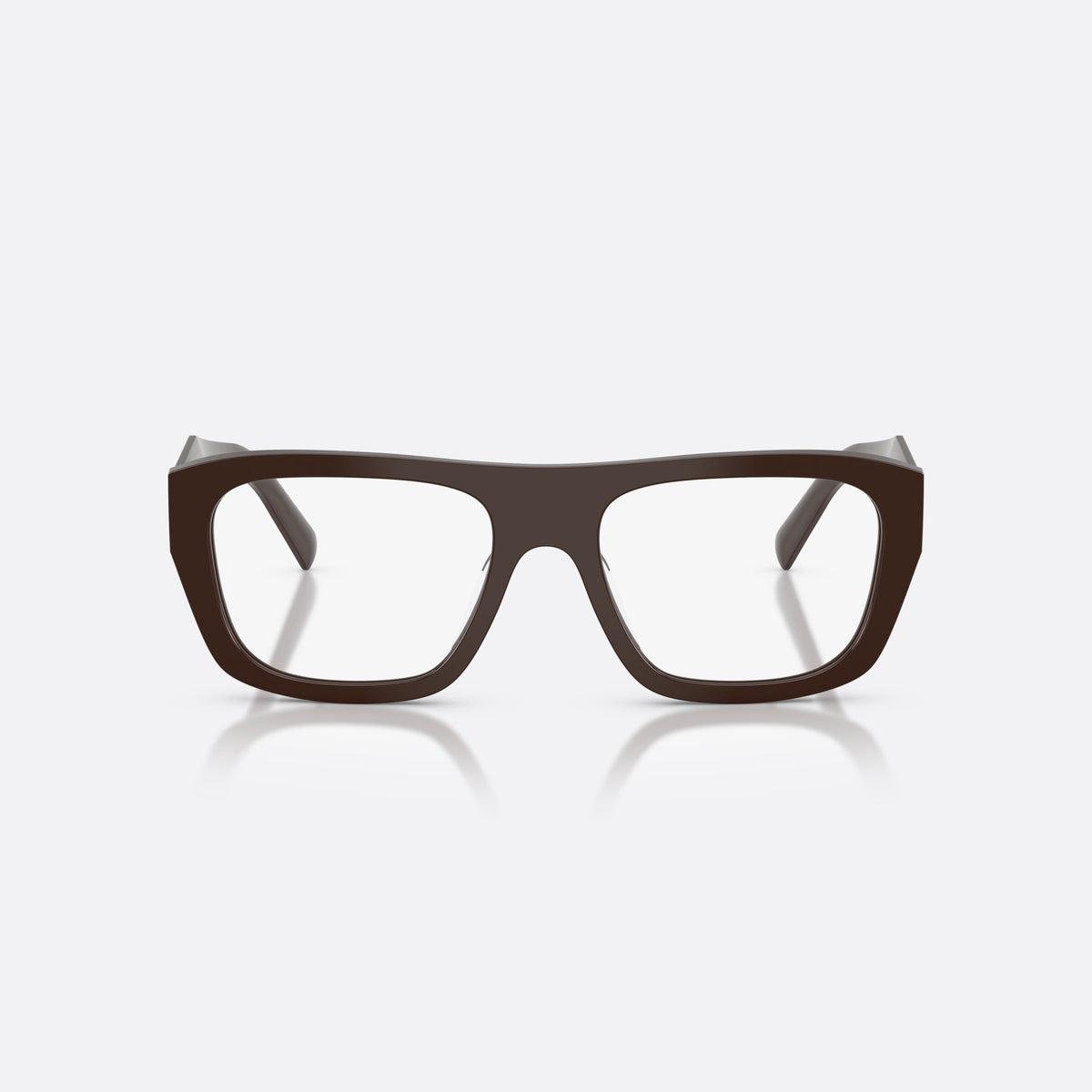 Prada PR D07VU 27I1O1 eyeglasses, brown rectangle frame for women, plain saddle bridge, brand lettering on temple, front view
