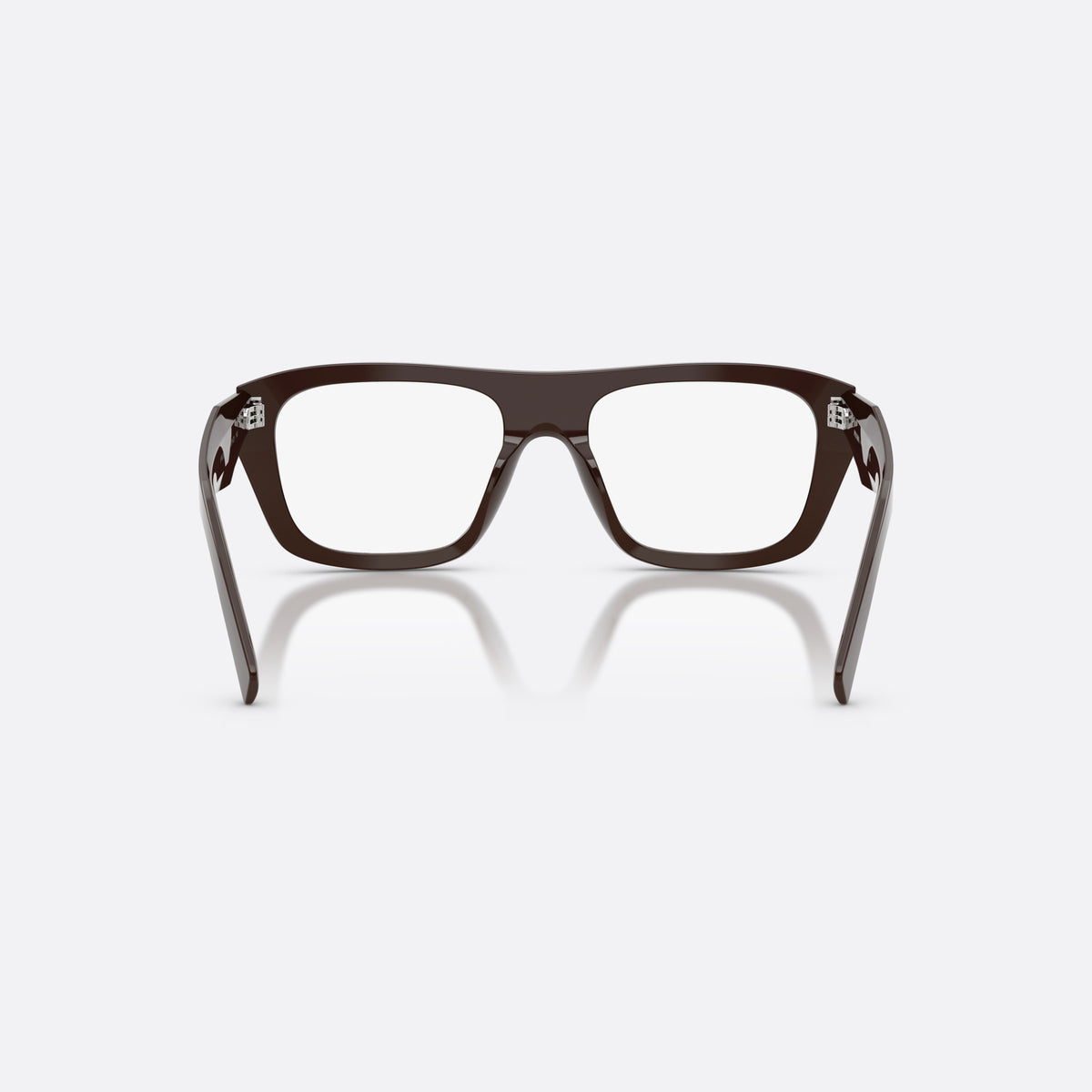Prada PR D07VU 27I1O1 eyeglasses, brown rectangle frame for women, saddle bridge with solid arch, brand logo plaque on temple, back view
