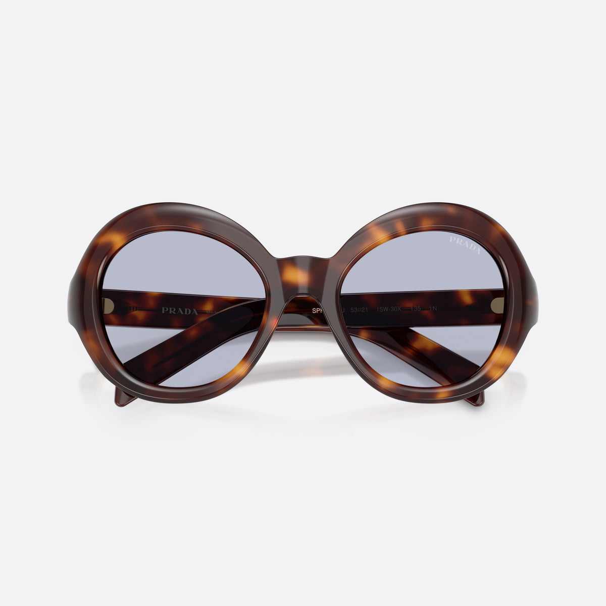 Prada PR D08SU 15W30X sunglasses, havana round frame for women, plain saddle bridge, brand lettering on temples, folded