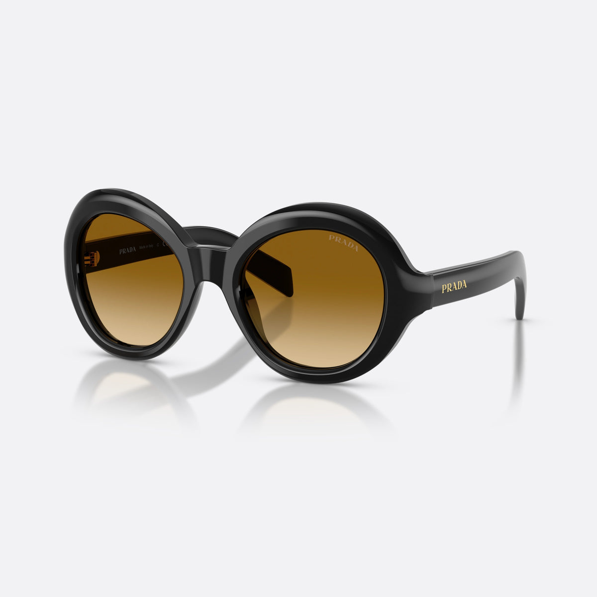 Prada PR D08SU 16K10X sunglasses, black round frame for women, plain bridge, brand lettering on temples, full-rim frame