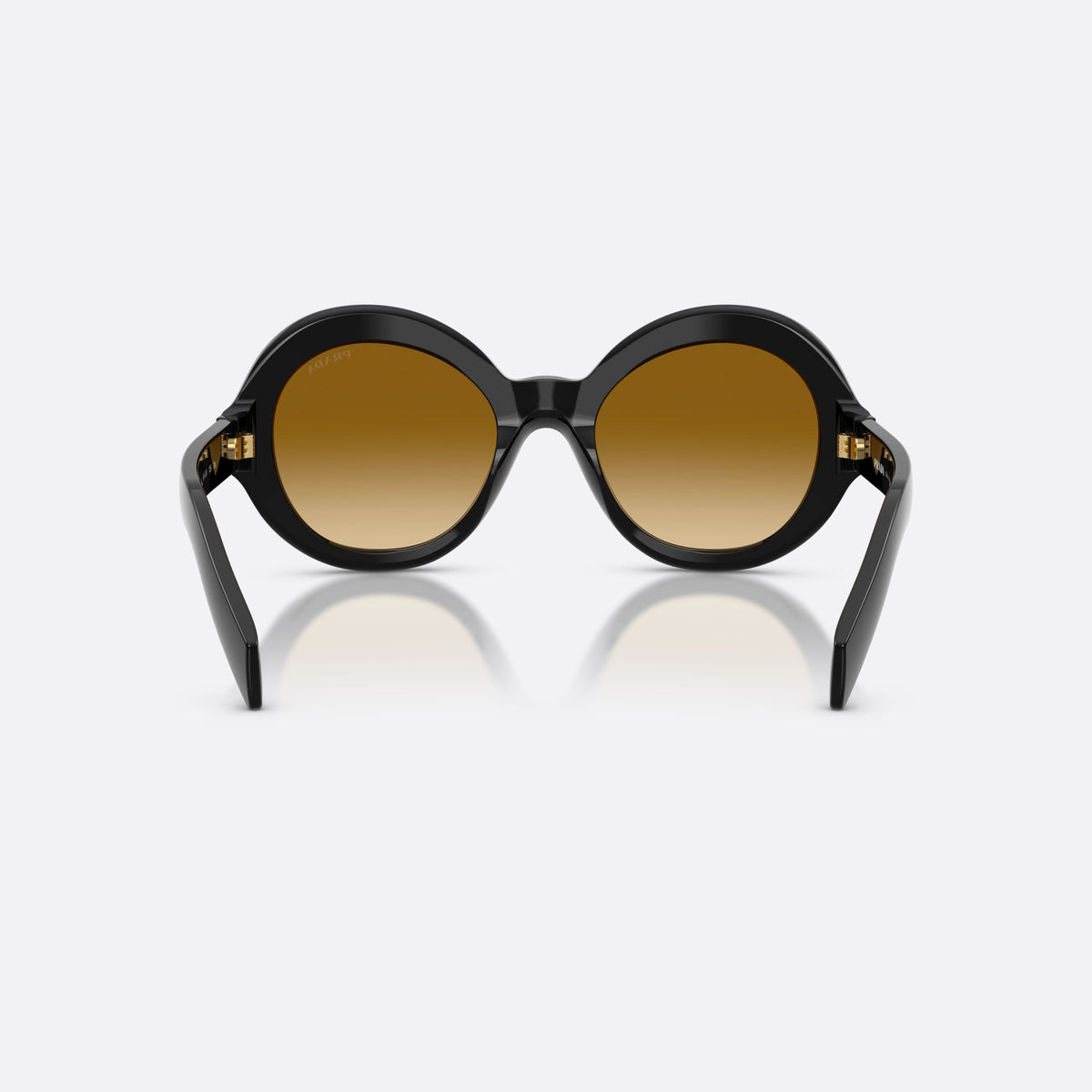Prada PR D08SU 16K10X sunglasses, black round frame for women, plain bridge, brand lettering on temples, full-rim frame, back view