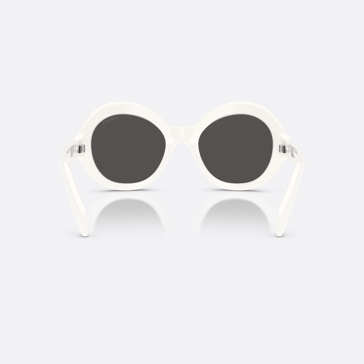 Prada PR D08SU 17K08Z sunglasses, white round frame for women, plain integrated bridge, brand lettering on temples, back view