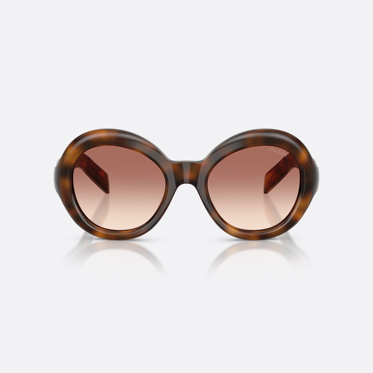 Prada PR D08SU 20D70X sunglasses, havana round frame for women, brand lettering on temple, wide tapered temples, front view