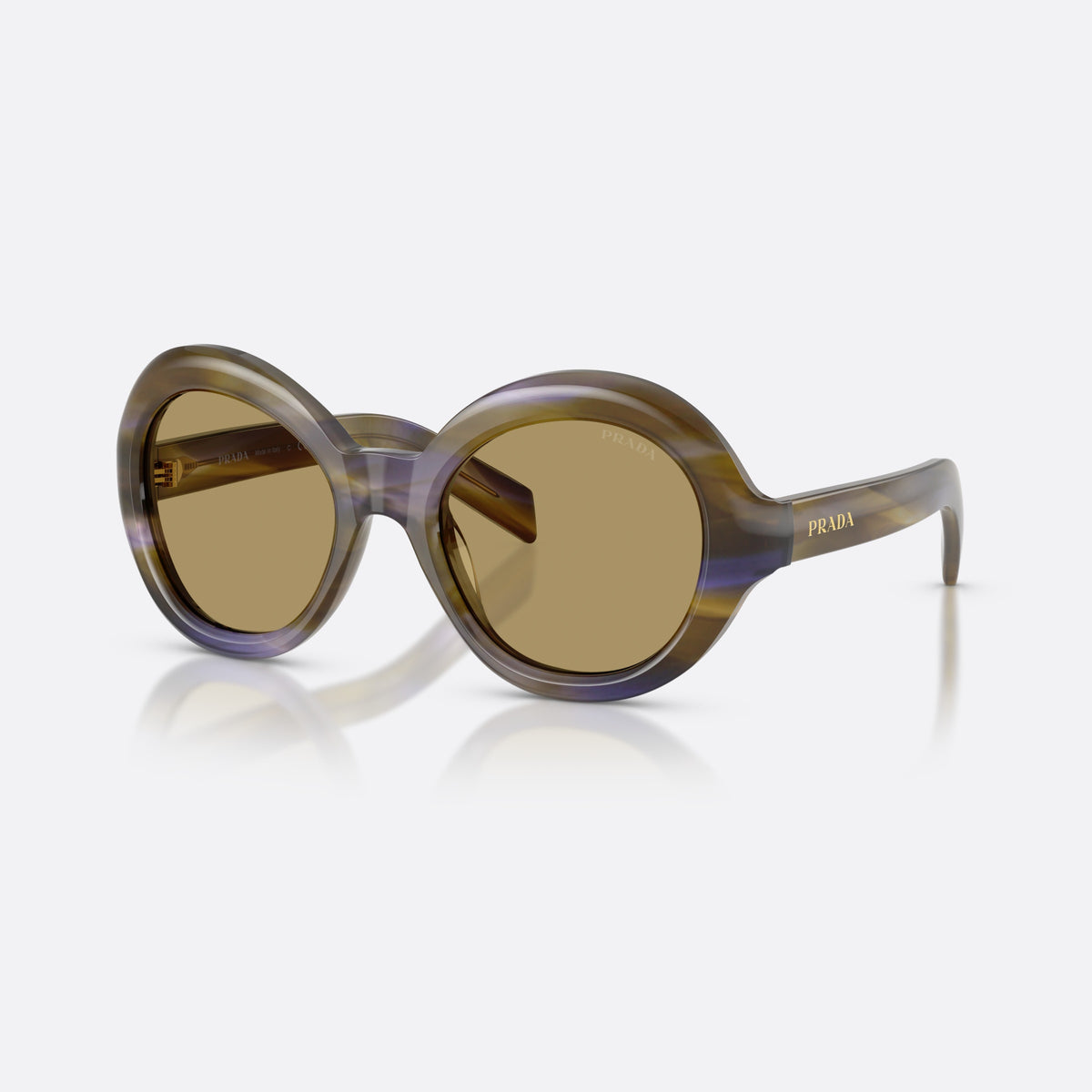 Prada PR D08SU 23G70G sunglasses, brown round frame for women, plain integrated bridge, brand lettering on temples