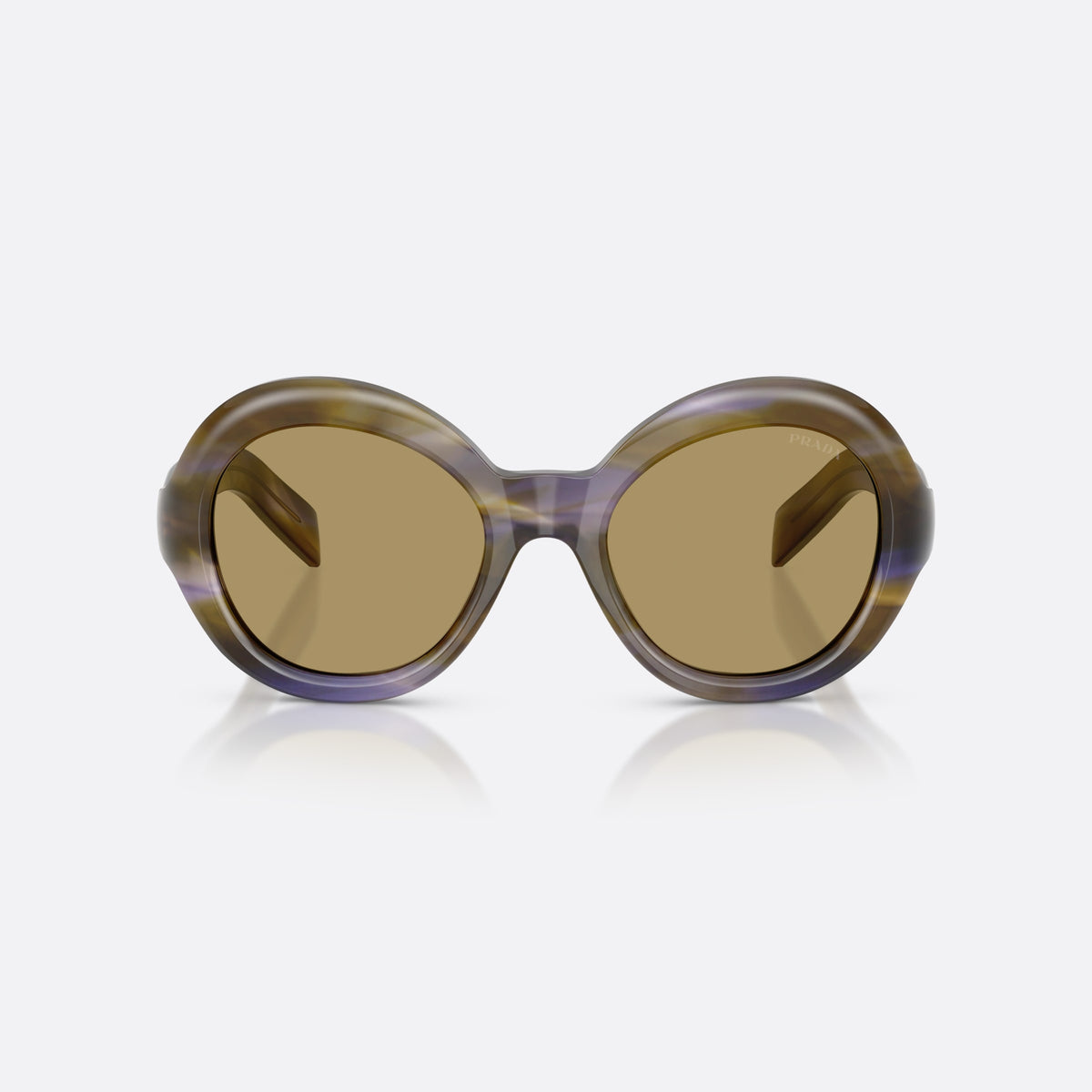 Prada PR D08SU 23G70G sunglasses, brown round frame for women, plain integrated bridge, brand lettering on temples, front view
