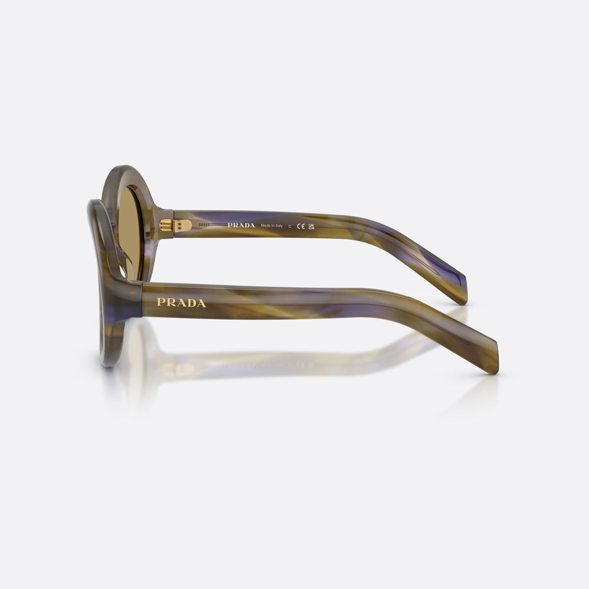 Prada PR D08SU 23G70G sunglasses, brown round frame for women, plain integrated bridge, brand lettering on temples, side view